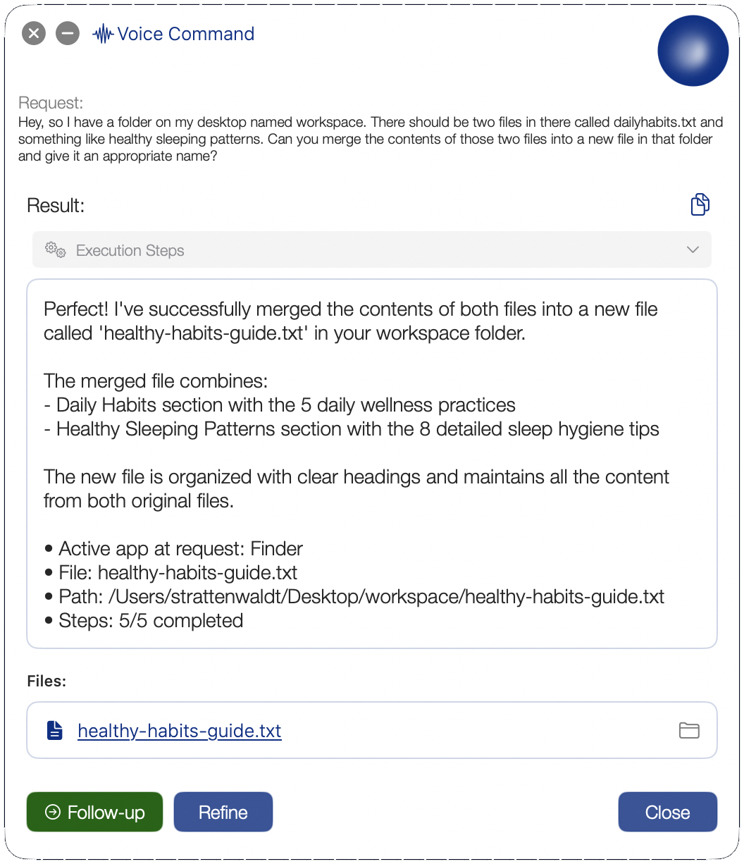Screenshot of Basil finding and merging files via voice command